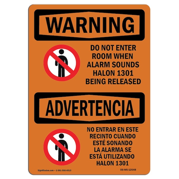 Signmission Safety Sign, OSHA WARNING, 7" Height, 10" Width, Do Not Enter Room When Alarm Bilingual, Landscape OS-WS-D-710-L-12548 - main